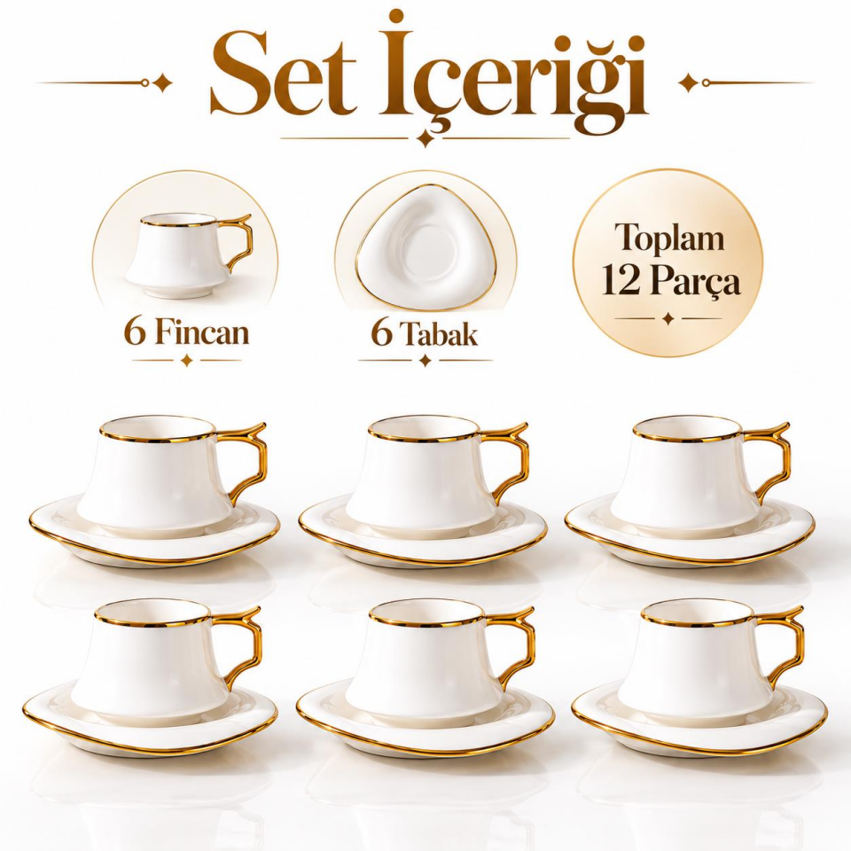 Valkyrie Asalet Serisi 6 Kişilik 12 Parça Kahve Fincanı Takımı Gold Detaylı Porselen Fincan Seti