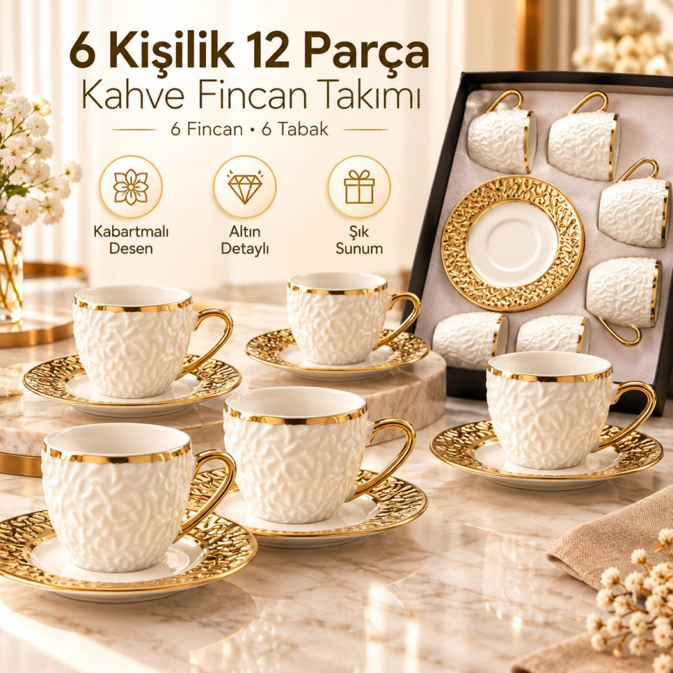 Valkyrie Şehrazat Serisi 6 Kişilik 12 Parça Kahve Fincan Takımı – Kabartmalı Desenli, Altın Detaylı