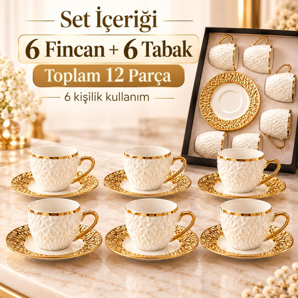 Valkyrie Şehrazat Serisi 6 Kişilik 12 Parça Kahve Fincan Takımı – Kabartmalı Desenli, Altın Detaylı