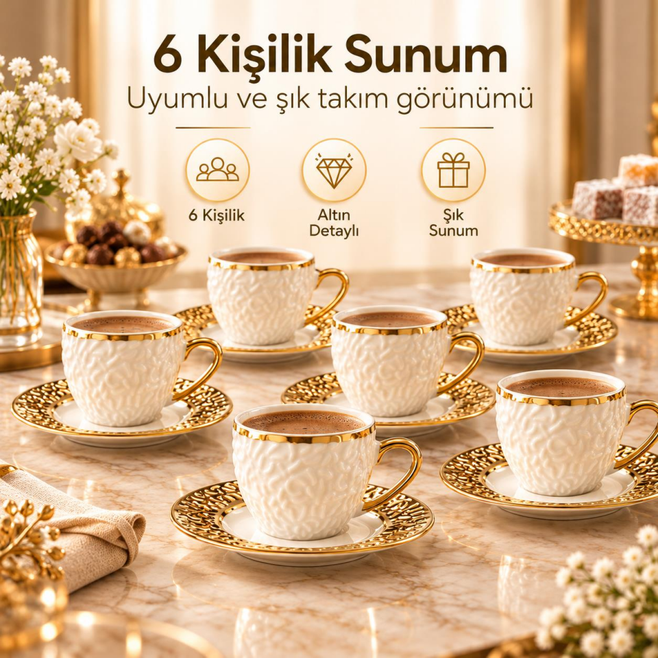 Valkyrie Şehrazat Serisi 6 Kişilik 12 Parça Kahve Fincan Takımı – Kabartmalı Desenli, Altın Detaylı