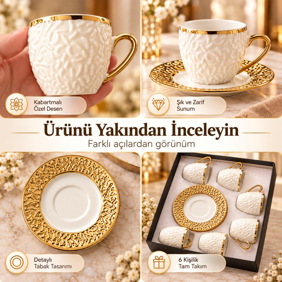Valkyrie Şehrazat Serisi 6 Kişilik 12 Parça Kahve Fincan Takımı – Kabartmalı Desenli, Altın Detaylı