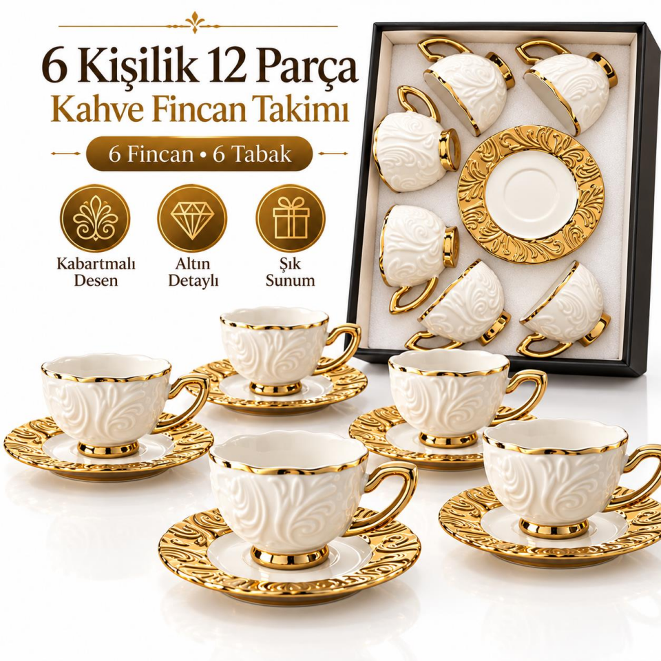 Valkyrie Hürrem Serisi 6 Kişilik 12 Parça Kahve Fincan Takımı 100ml Kabartmalı Altın Detaylı Set