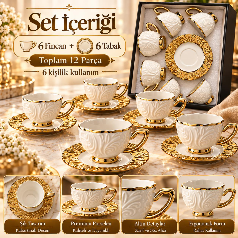 Valkyrie Hürrem Serisi 6 Kişilik 12 Parça Kahve Fincan Takımı 100ml Kabartmalı Altın Detaylı Set
