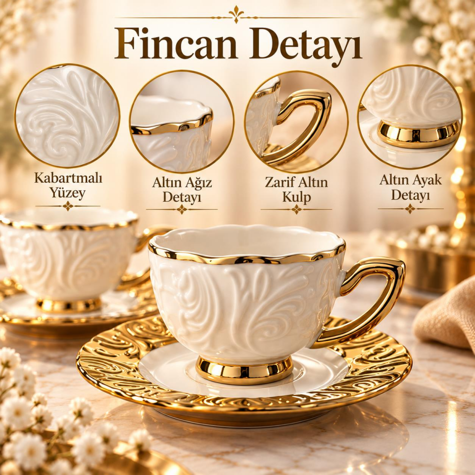 Valkyrie Hürrem Serisi 6 Kişilik 12 Parça Kahve Fincan Takımı 100ml Kabartmalı Altın Detaylı Set