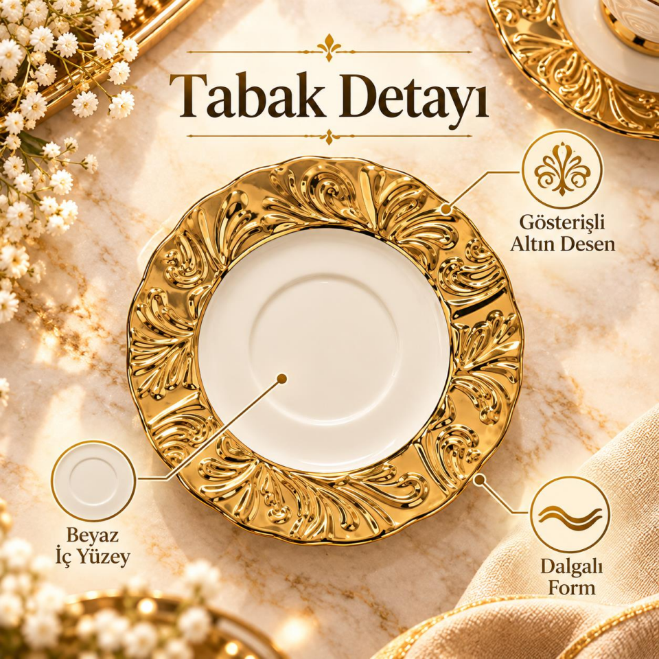 Valkyrie Hürrem Serisi 6 Kişilik 12 Parça Kahve Fincan Takımı 100ml Kabartmalı Altın Detaylı Set