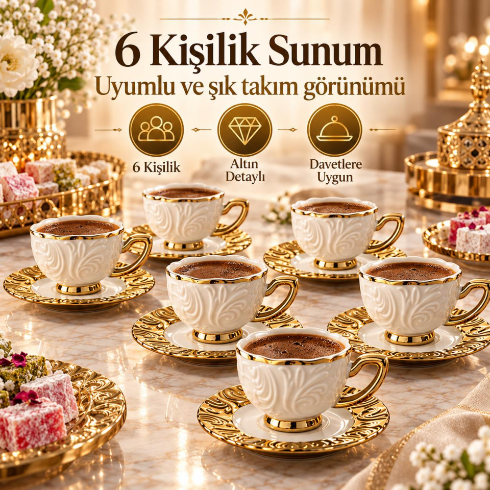 Valkyrie Hürrem Serisi 6 Kişilik 12 Parça Kahve Fincan Takımı 100ml Kabartmalı Altın Detaylı Set