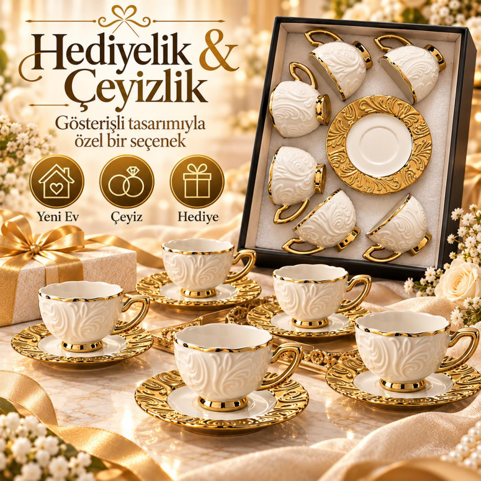 Valkyrie Hürrem Serisi 6 Kişilik 12 Parça Kahve Fincan Takımı 100ml Kabartmalı Altın Detaylı Set