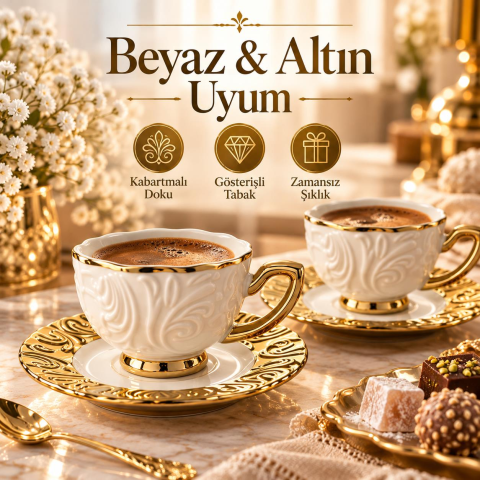 Valkyrie Hürrem Serisi 6 Kişilik 12 Parça Kahve Fincan Takımı 100ml Kabartmalı Altın Detaylı Set