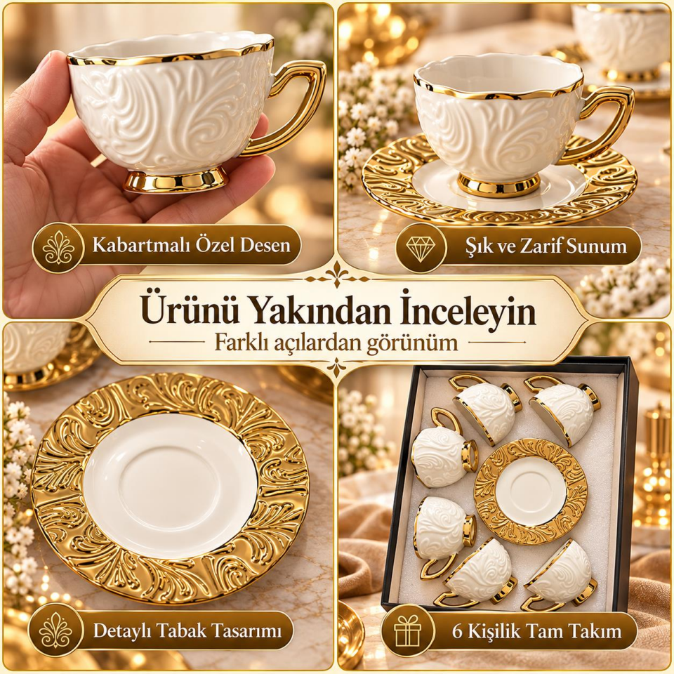 Valkyrie Hürrem Serisi 6 Kişilik 12 Parça Kahve Fincan Takımı 100ml Kabartmalı Altın Detaylı Set