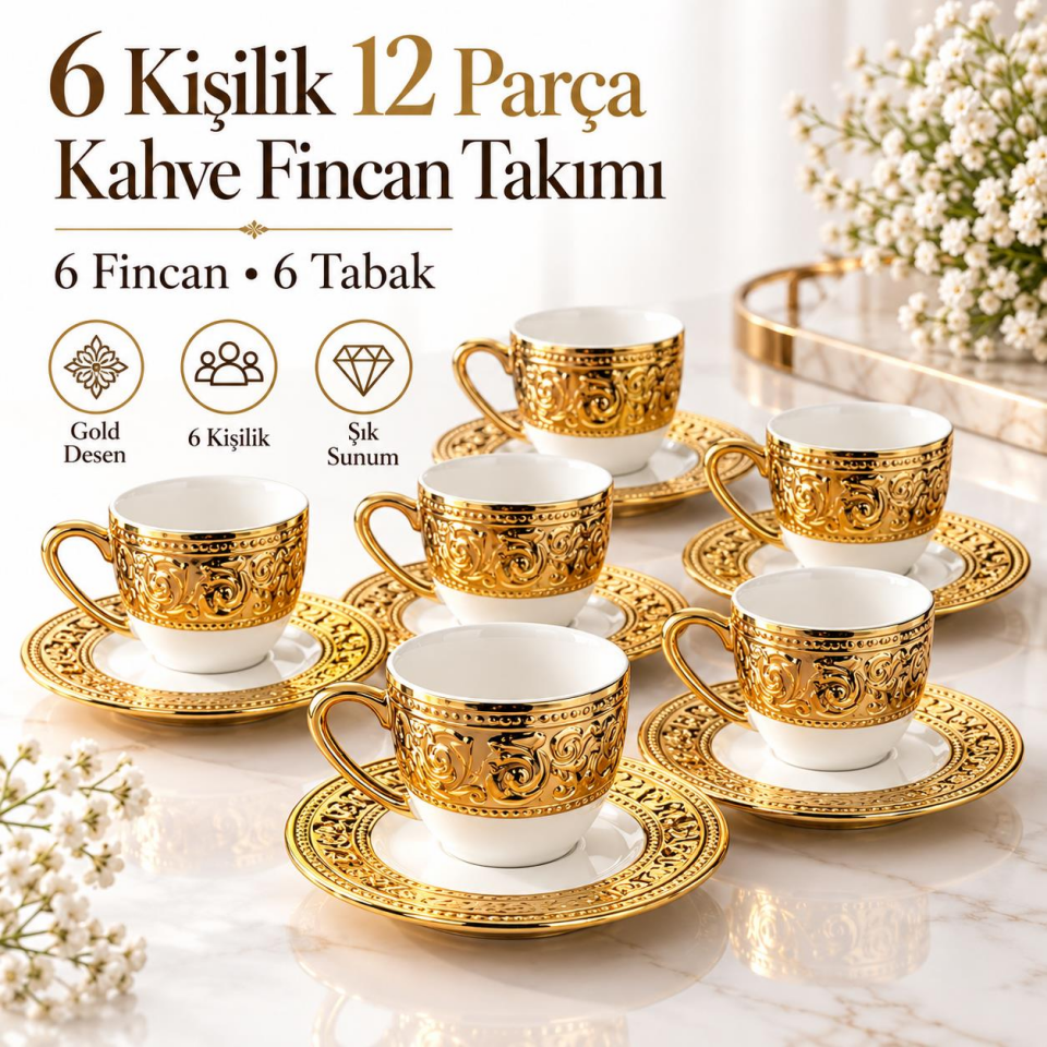 Valkyrie Harem Serisi 6 Kişilik 12 Parça Kahve Fincan Takımı – Gold Detaylı Şık Fincan Seti
