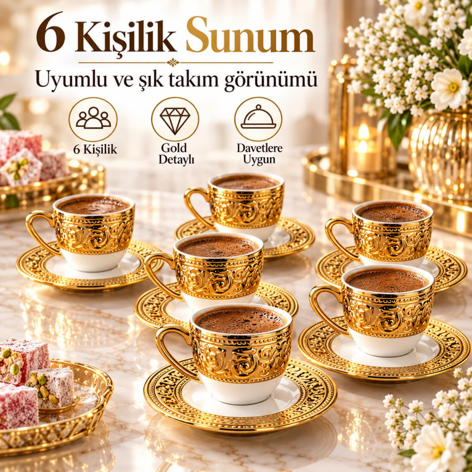 Valkyrie Harem Serisi 6 Kişilik 12 Parça Kahve Fincan Takımı – Gold Detaylı Şık Fincan Seti