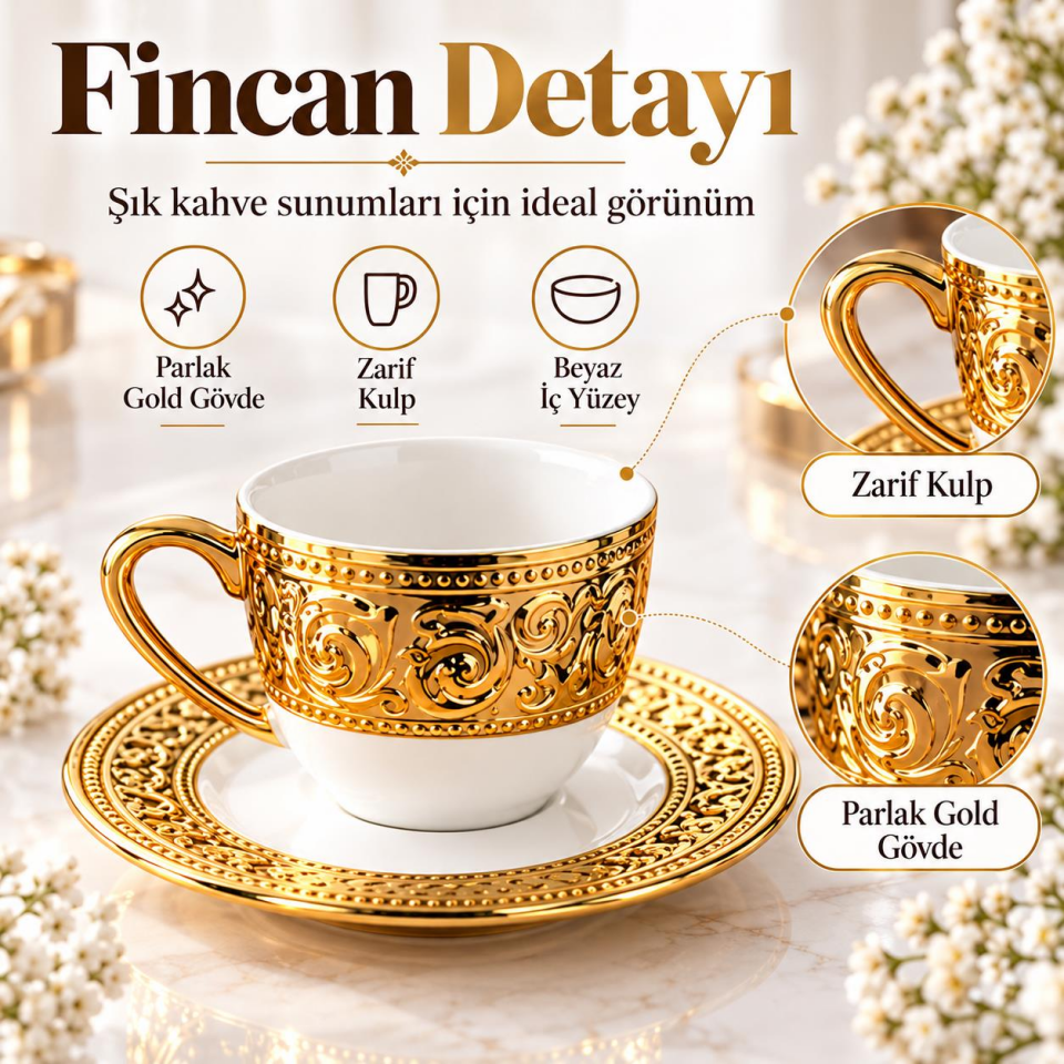 Valkyrie Harem Serisi 6 Kişilik 12 Parça Kahve Fincan Takımı – Gold Detaylı Şık Fincan Seti
