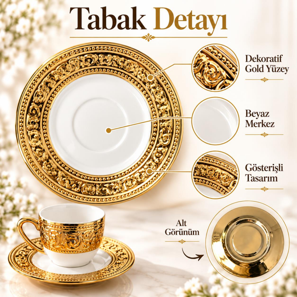 Valkyrie Harem Serisi 6 Kişilik 12 Parça Kahve Fincan Takımı – Gold Detaylı Şık Fincan Seti