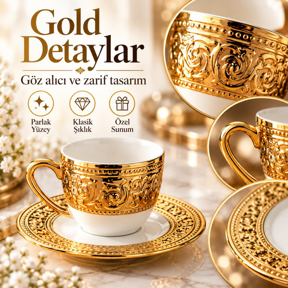 Valkyrie Harem Serisi 6 Kişilik 12 Parça Kahve Fincan Takımı – Gold Detaylı Şık Fincan Seti