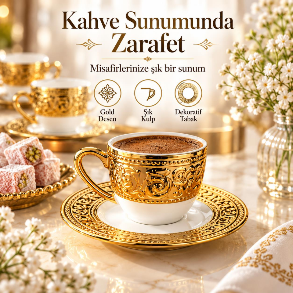 Valkyrie Harem Serisi 6 Kişilik 12 Parça Kahve Fincan Takımı – Gold Detaylı Şık Fincan Seti