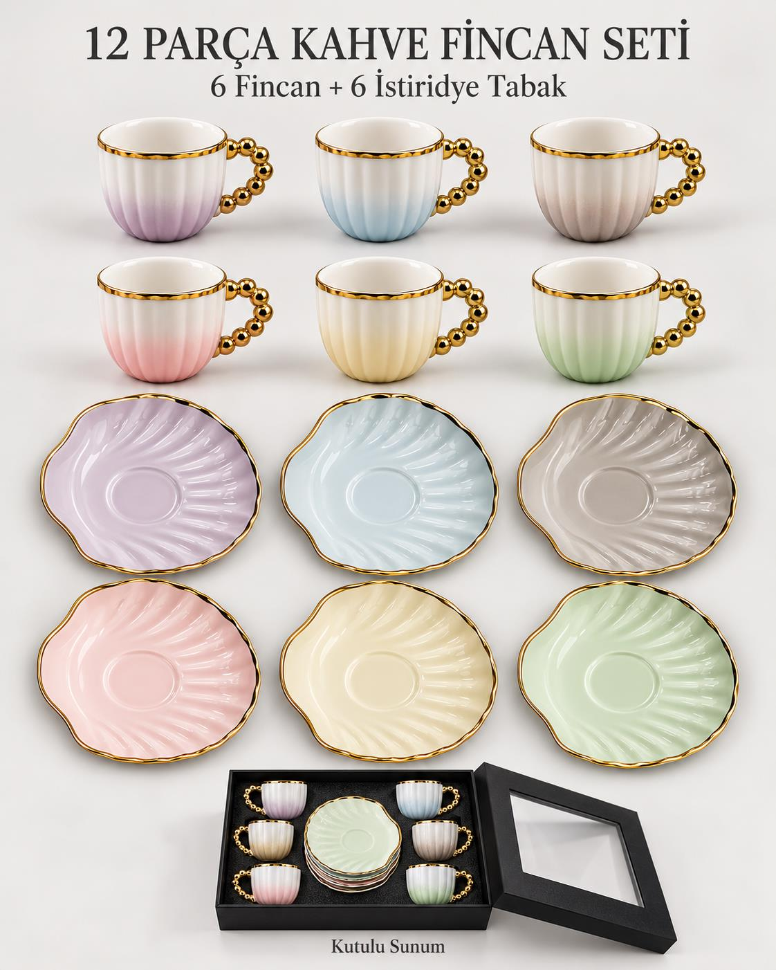 Valkyrie Perla Serisi 6 Kişilik 12 Parça Porselen Türk Kahvesi Fincan Takımı Pastel Gold Renkli