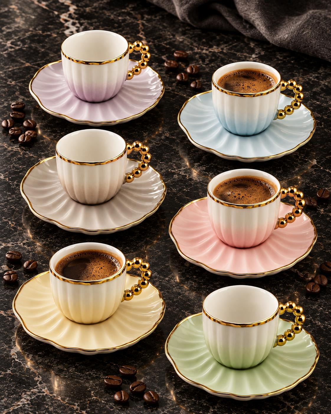 Valkyrie Perla Serisi 6 Kişilik 12 Parça Porselen Türk Kahvesi Fincan Takımı Pastel Gold Renkli