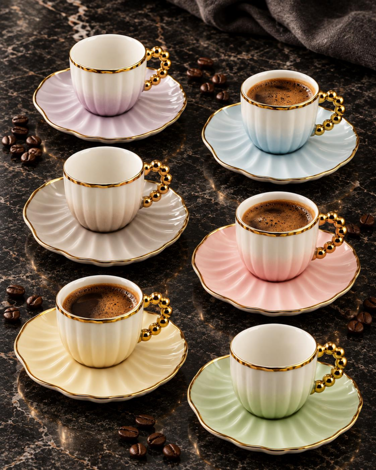 Valkyrie Perla Serisi 6 Kişilik 12 Parça Porselen Türk Kahvesi Fincan Takımı Pastel Gold Renkli
