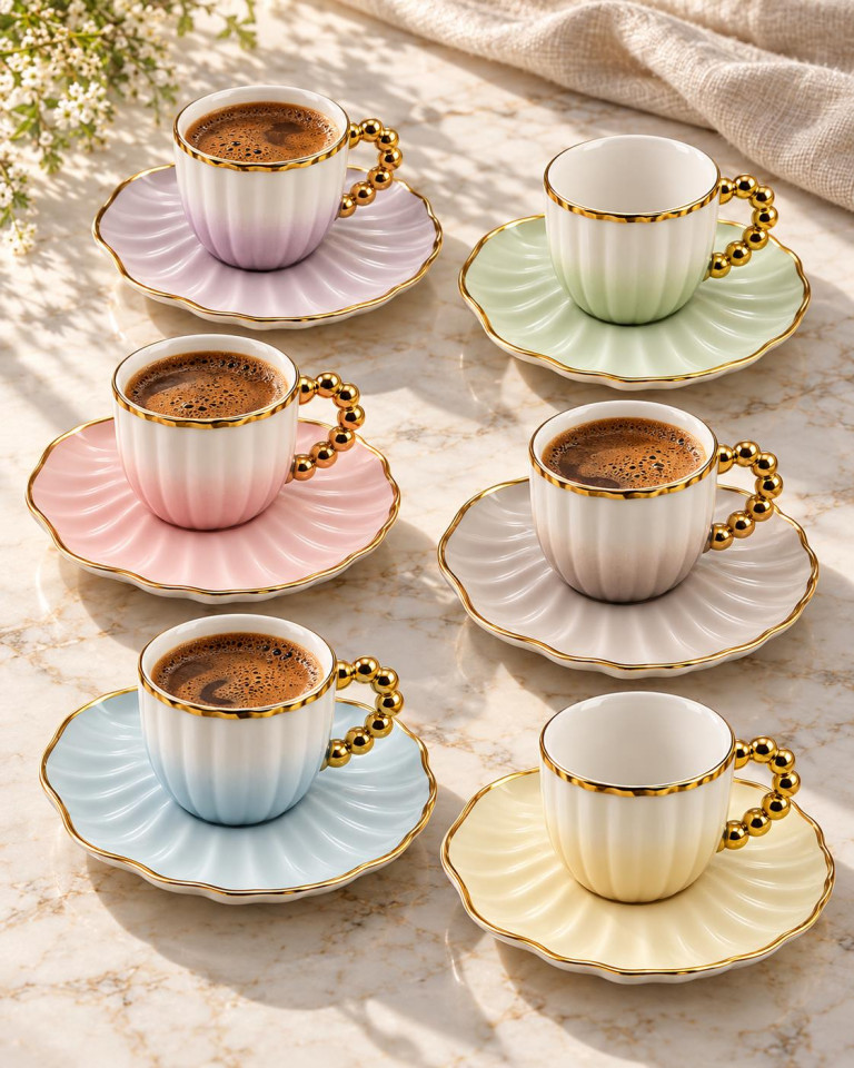 Valkyrie Perla Serisi 6 Kişilik 12 Parça Porselen Türk Kahvesi Fincan Takımı Pastel Gold Renkli