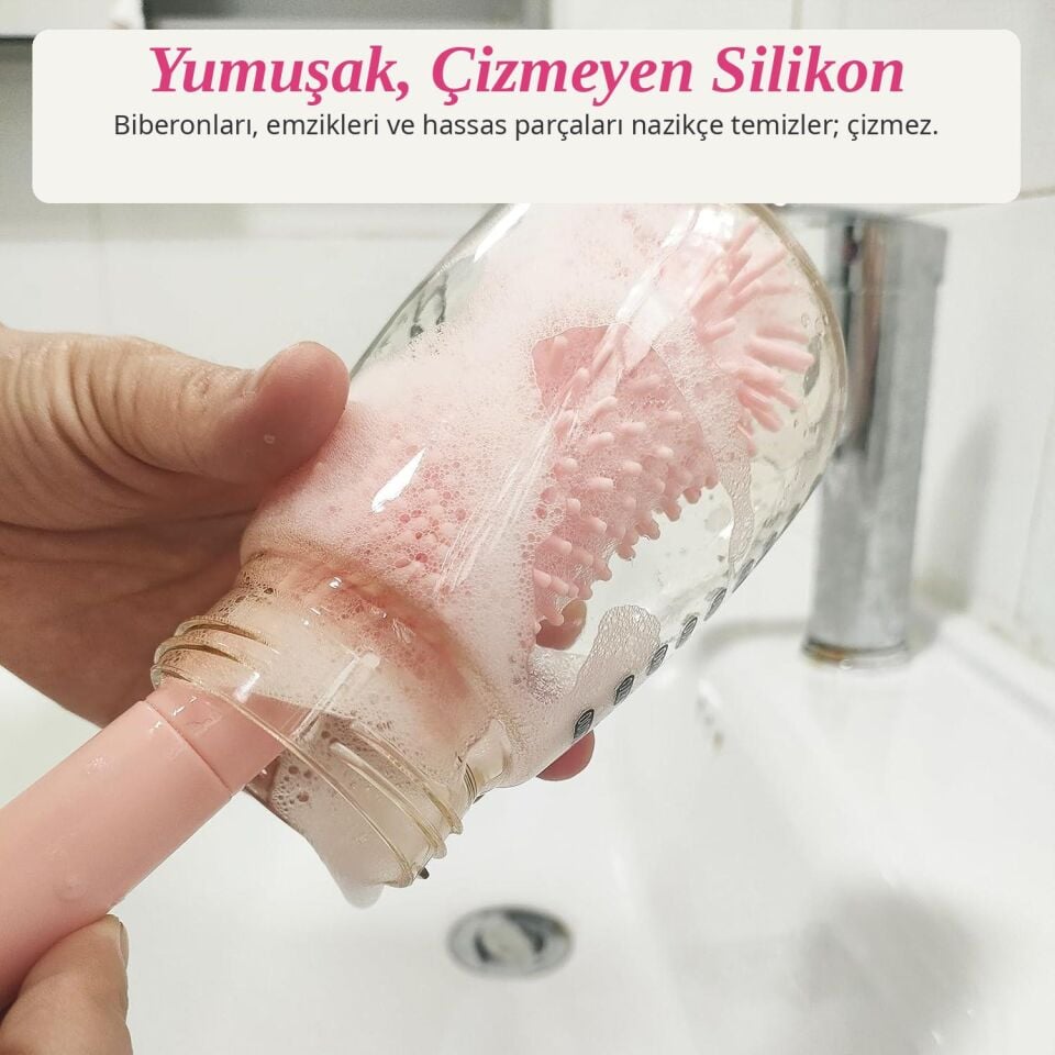 Valkyrie Ayıcık Seyahat Biberon Emzik Pipet Temizleme Seti Silikon Fırça Kurutma Standı Taşıma Kutusu Pembe