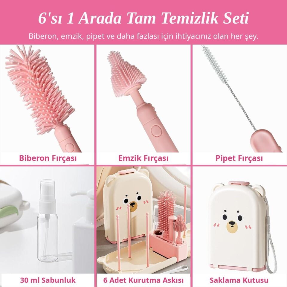 Valkyrie Ayıcık Seyahat Biberon Emzik Pipet Temizleme Seti Silikon Fırça Kurutma Standı Taşıma Kutusu Pembe