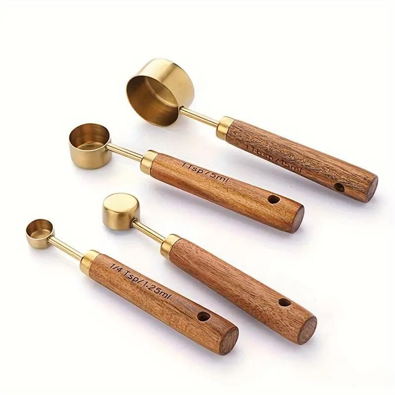 Valkyrie 4 Adet Paslanmaz Çelik Ahşap Saplı Ölçü Kaşığı Seti Ölçü Kabı 15ml 5ml 2.5ml 1.25ml