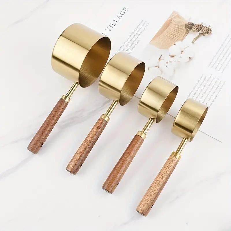 Valkyrie 4 Adet Büyük Boy Paslanmaz Çelik Ahşap Saplı Ölçü Kaşığı Seti Ölçü Kabı 60ml 80ml 125ml 250ml