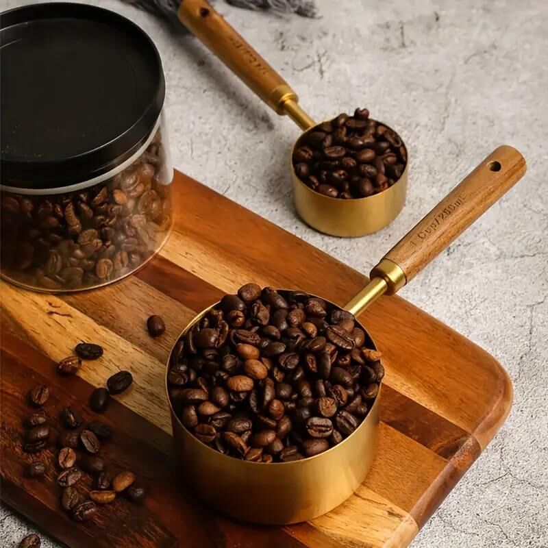 Valkyrie 4 Adet Büyük Boy Paslanmaz Çelik Ahşap Saplı Ölçü Kaşığı Seti Ölçü Kabı 60ml 80ml 125ml 250ml