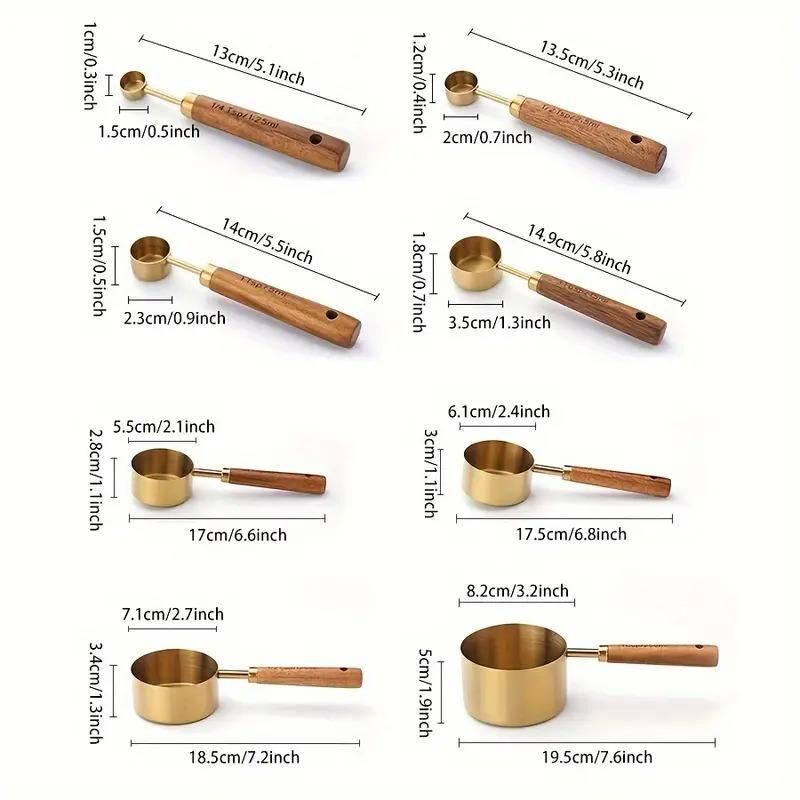 Valkyrie 8 Adet Paslanmaz Çelik Ahşap Saplı Ölçü Kaşığı Seti Ölçü Kabı 1.25ml 2.5ml 5ml 15ml 60ml 80ml 125ml 250ml