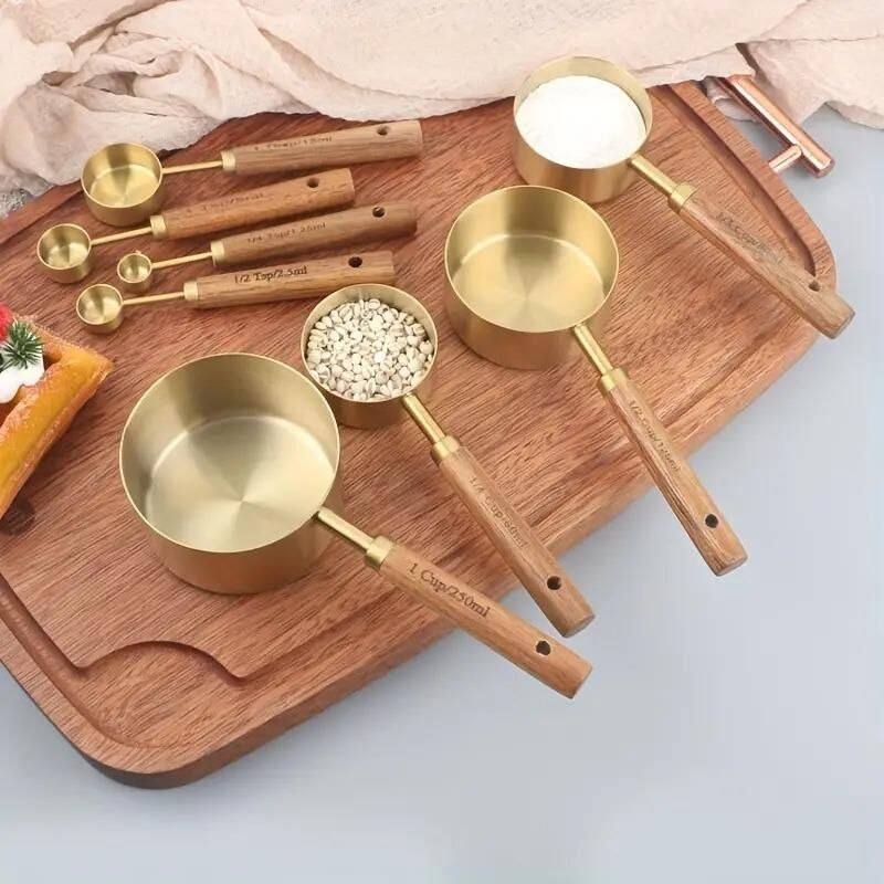 Valkyrie 8 Adet Paslanmaz Çelik Ahşap Saplı Ölçü Kaşığı Seti Ölçü Kabı 1.25ml 2.5ml 5ml 15ml 60ml 80ml 125ml 250ml