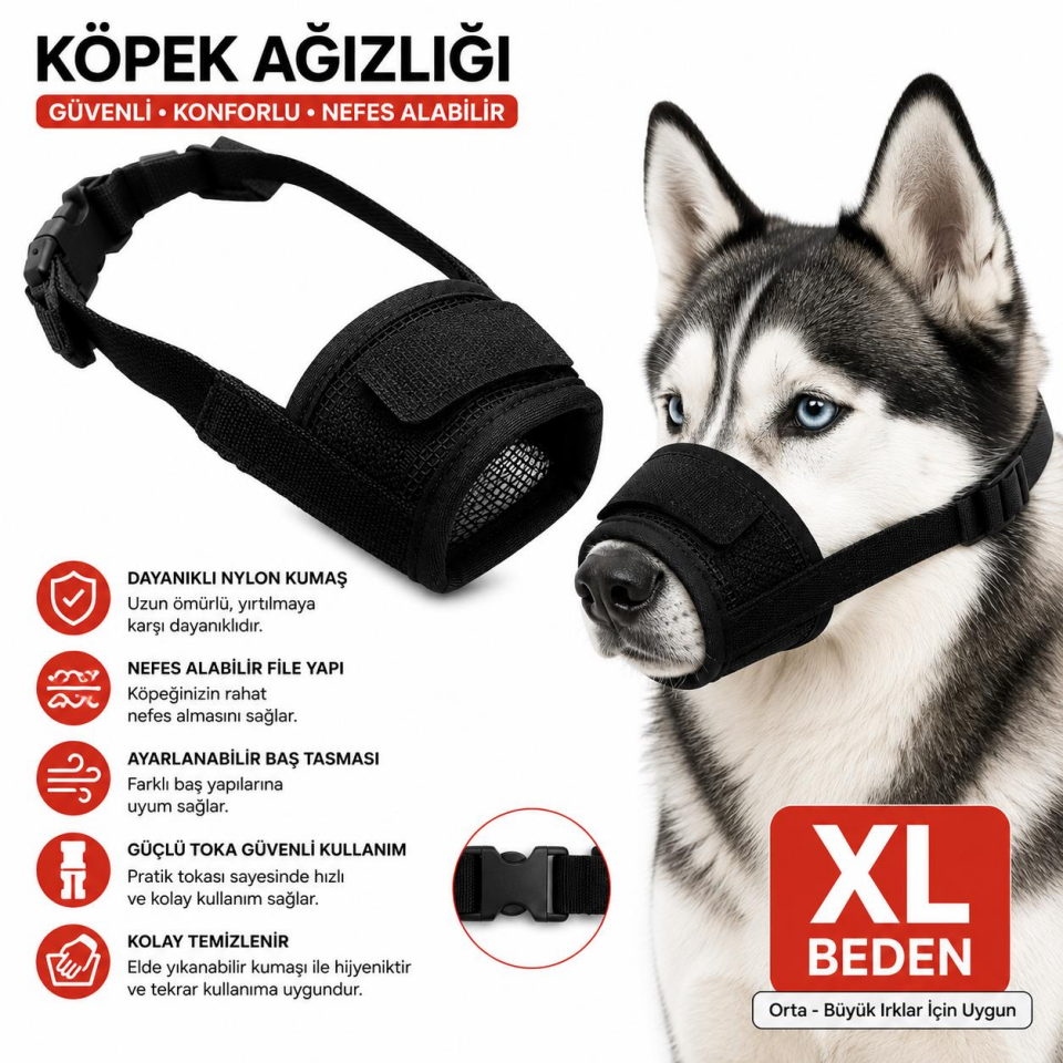 Valkyrie Köpek Ağızlığı XL Beden Nefes Alabilir Fileli Ayarlanabilir Isırma Önleyici Yumuşak Siyah