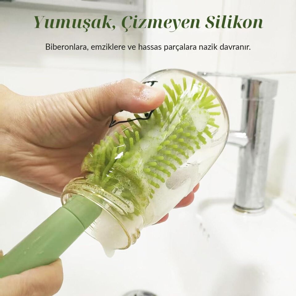 Valkyrie Ayıcık Seyahat Biberon Emzik Pipet Temizleme Seti Silikon Fırça Kurutma Standı Taşıma Kutusu yeşil