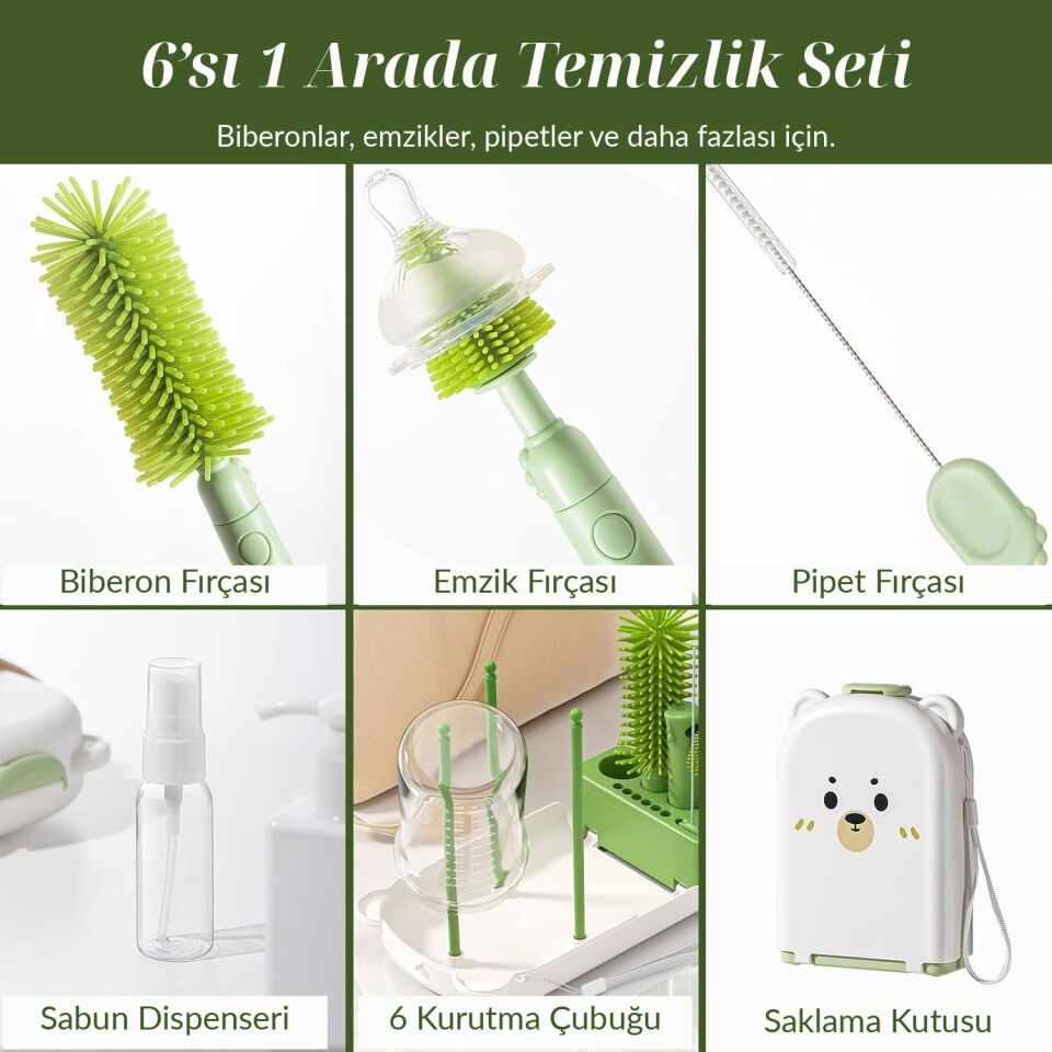 Valkyrie Ayıcık Seyahat Biberon Emzik Pipet Temizleme Seti Silikon Fırça Kurutma Standı Taşıma Kutusu yeşil