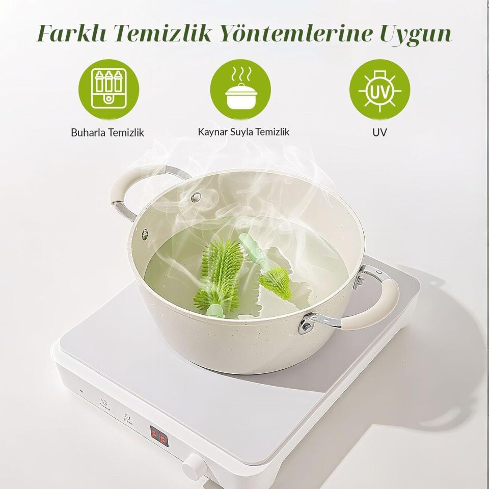 Valkyrie Ayıcık Seyahat Biberon Emzik Pipet Temizleme Seti Silikon Fırça Kurutma Standı Taşıma Kutusu yeşil