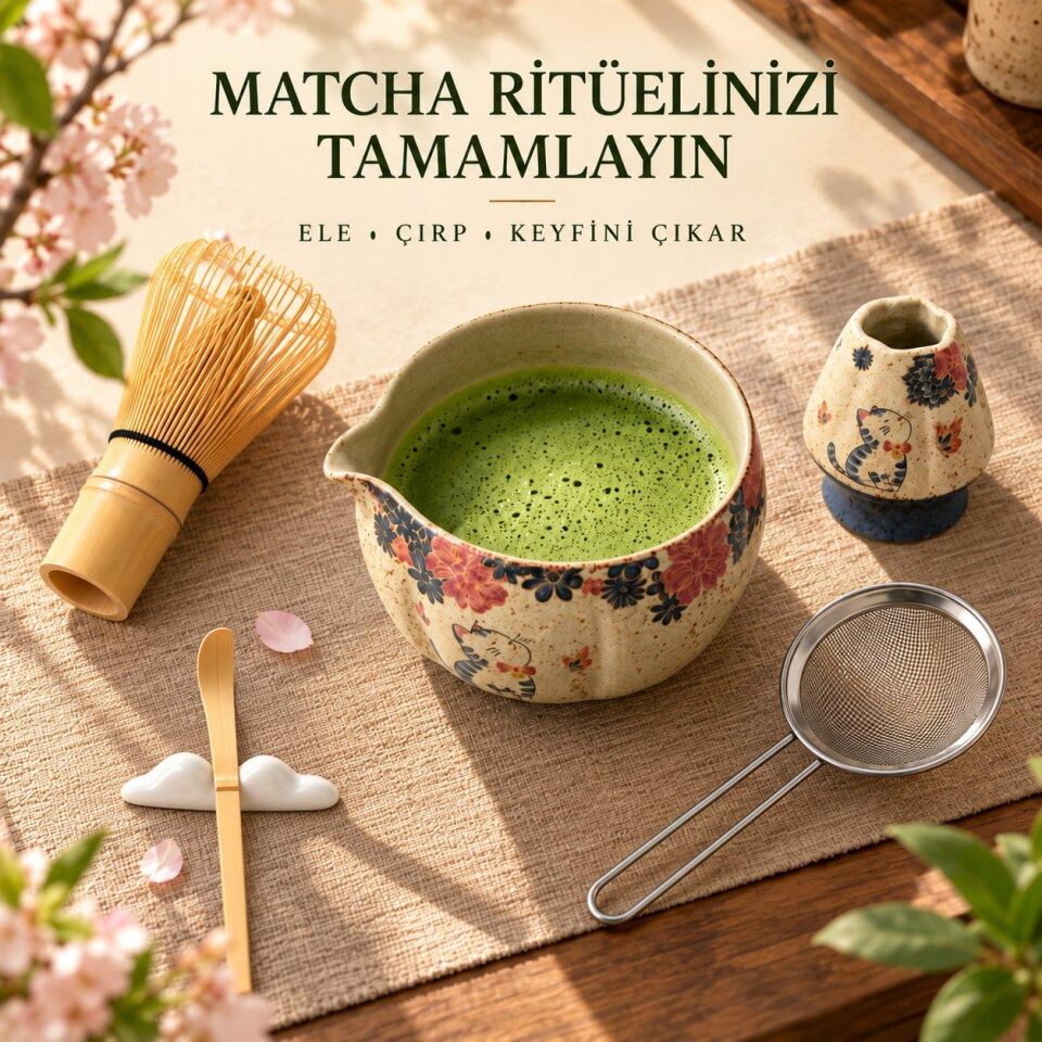 Valkyrie Kedili 6 Parça Matcha Seti Chasen Çırpıcı Chawan Kase Chashaku Kaşık Stand ve Süzgeç