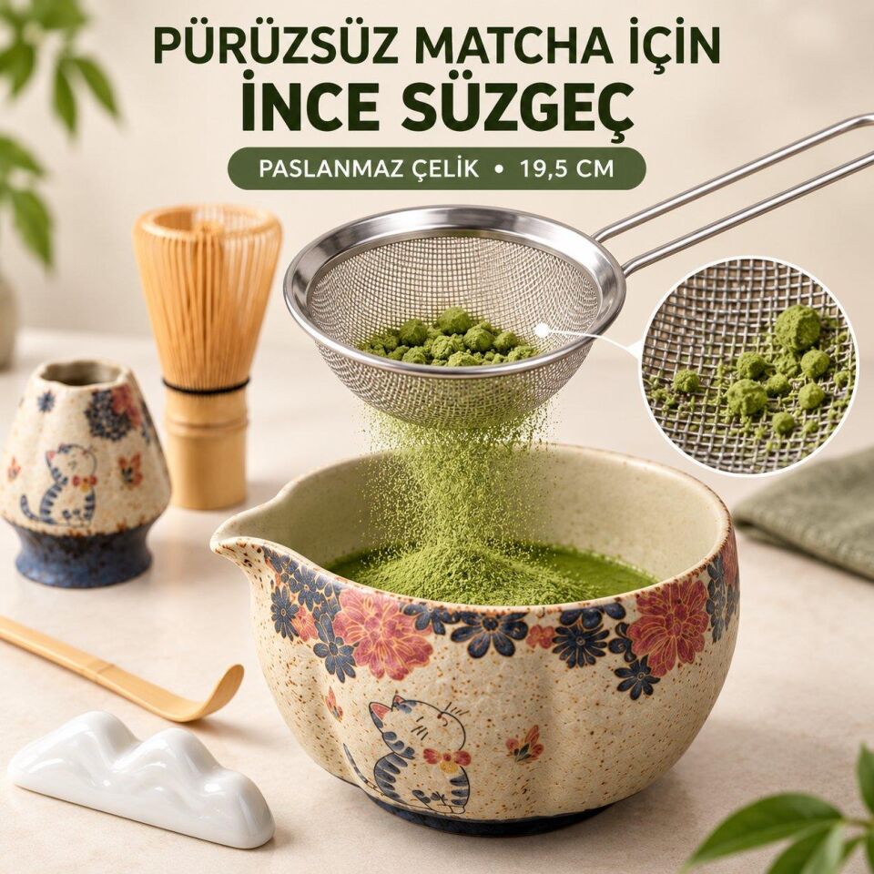 Valkyrie Kedili 6 Parça Matcha Seti Chasen Çırpıcı Chawan Kase Chashaku Kaşık Stand ve Süzgeç