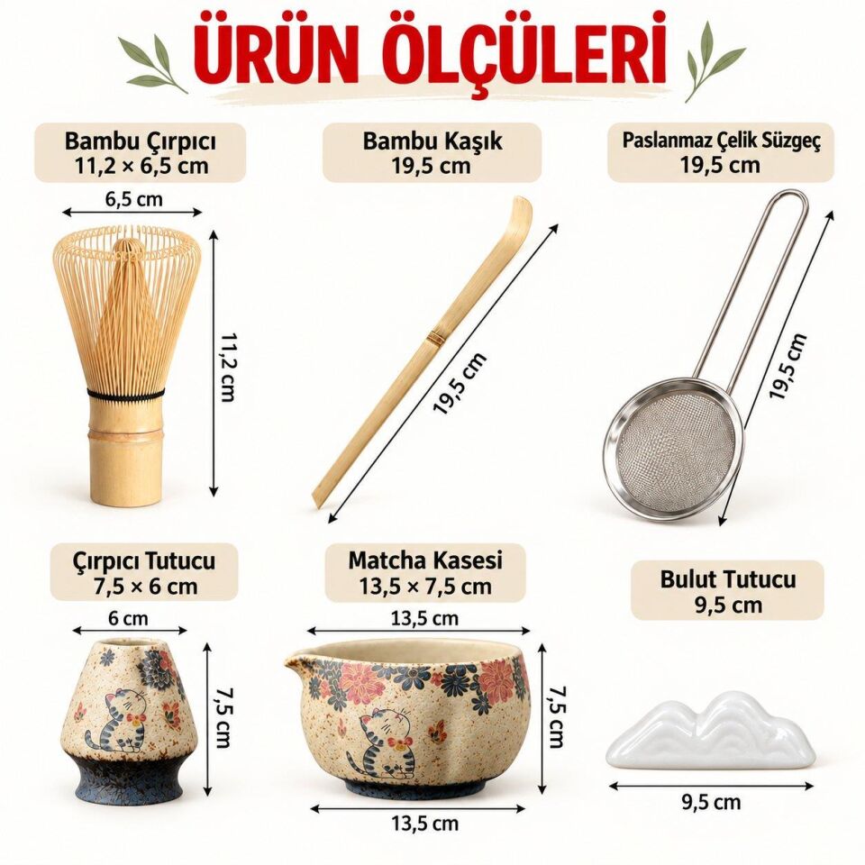 Valkyrie Kedili 6 Parça Matcha Seti Chasen Çırpıcı Chawan Kase Chashaku Kaşık Stand ve Süzgeç