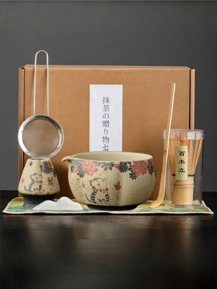 Valkyrie Kedili 6 Parça Matcha Seti Chasen Çırpıcı Chawan Kase Chashaku Kaşık Stand ve Süzgeç