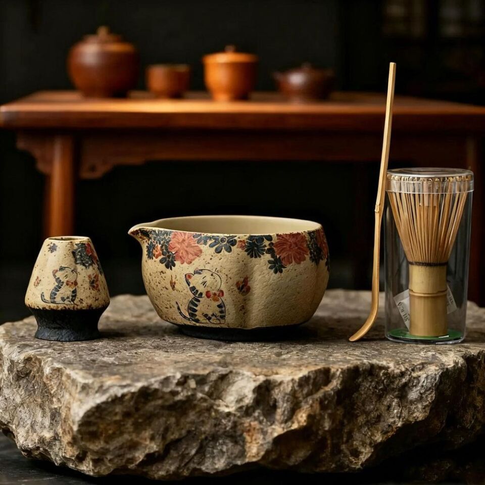 Valkyrie Kedili 6 Parça Matcha Seti Chasen Çırpıcı Chawan Kase Chashaku Kaşık Stand ve Süzgeç