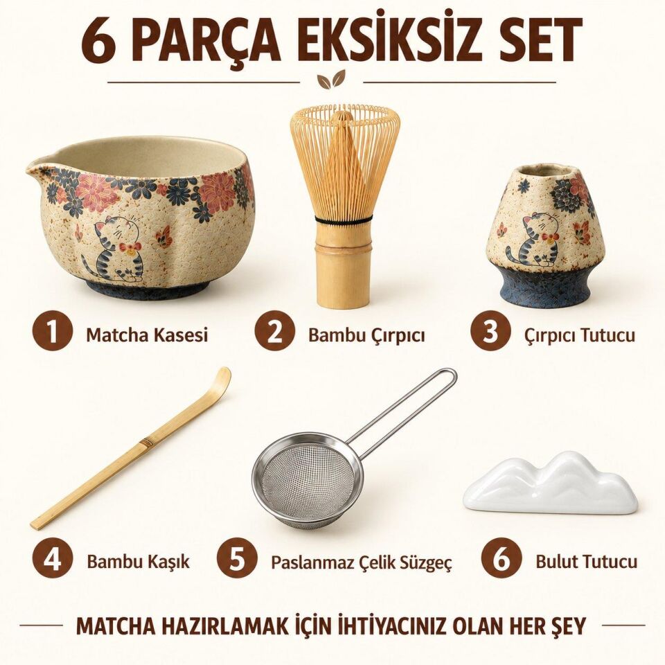 Valkyrie Kedili 6 Parça Matcha Seti Chasen Çırpıcı Chawan Kase Chashaku Kaşık Stand ve Süzgeç