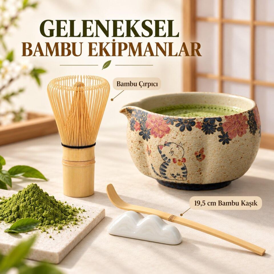 Valkyrie Kedili 6 Parça Matcha Seti Chasen Çırpıcı Chawan Kase Chashaku Kaşık Stand ve Süzgeç
