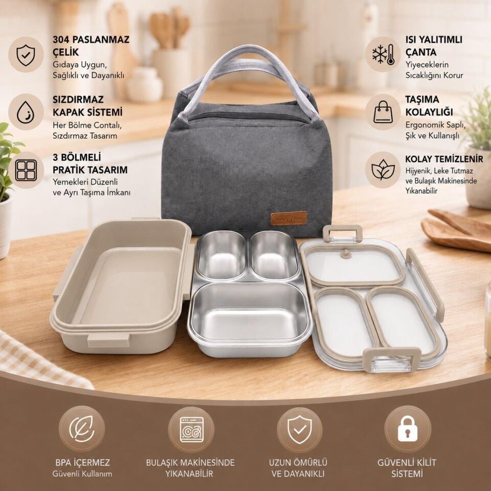 Valkyrie 304 Paslanmaz Çelik 3 Bölmeli Lunch Box Termal Çantalı – Sızdırmaz Kapaklı Beslenme Kabı