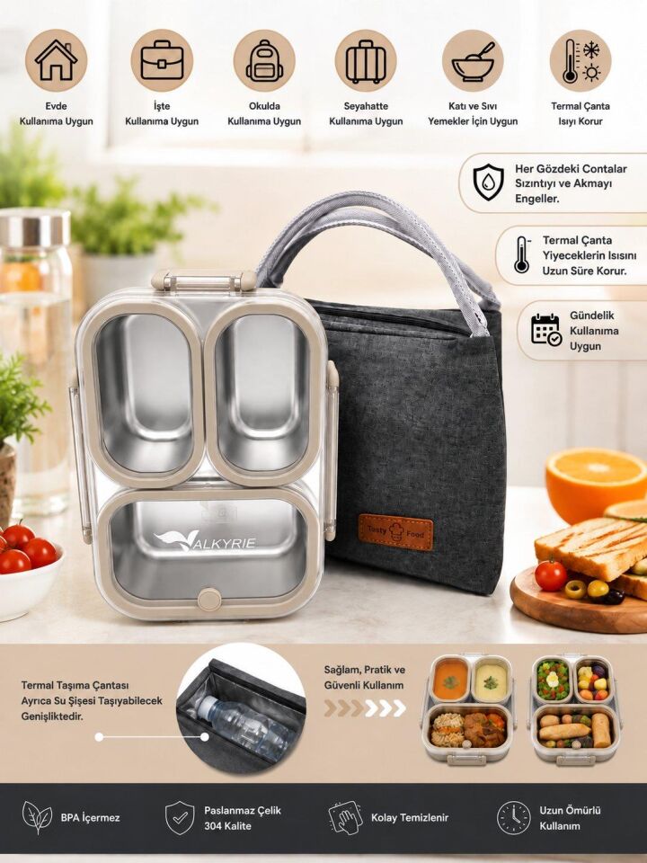 Valkyrie 304 Paslanmaz Çelik 3 Bölmeli Lunch Box Termal Çantalı – Sızdırmaz Kapaklı Beslenme Kabı