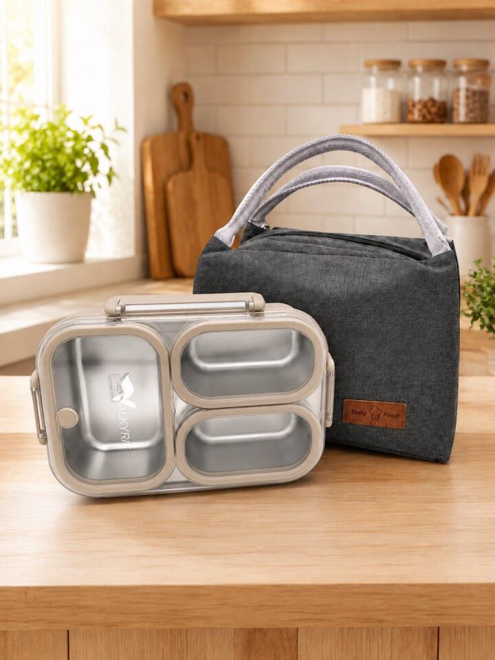 Valkyrie 304 Paslanmaz Çelik 3 Bölmeli Lunch Box Termal Çantalı – Sızdırmaz Kapaklı Beslenme Kabı