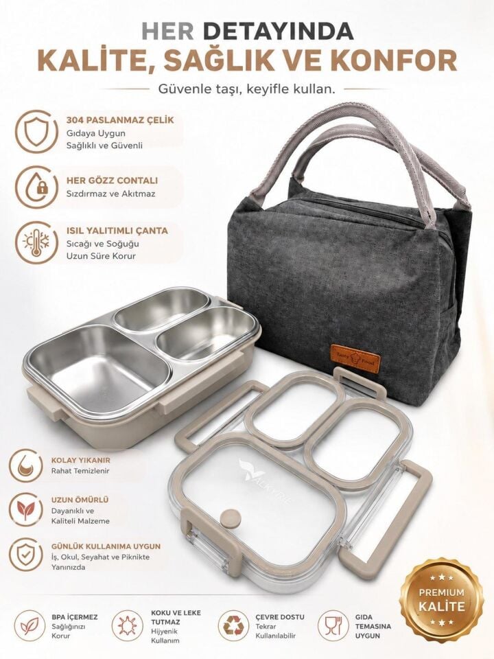 Valkyrie 304 Paslanmaz Çelik 3 Bölmeli Lunch Box Termal Çantalı – Sızdırmaz Kapaklı Beslenme Kabı