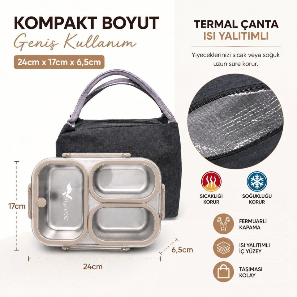 Valkyrie 304 Paslanmaz Çelik 3 Bölmeli Lunch Box Termal Çantalı – Sızdırmaz Kapaklı Beslenme Kabı