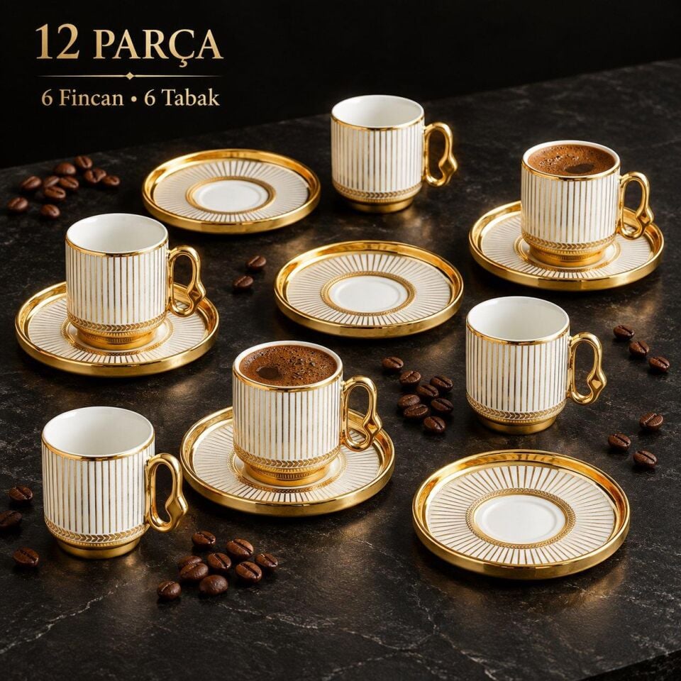 Valkyrie 12 Parça 6 Kişilik Türk Kahvesi Fincan Takımı 80ml Gold Detaylı 6 Fincan 6 Tabak K651-A