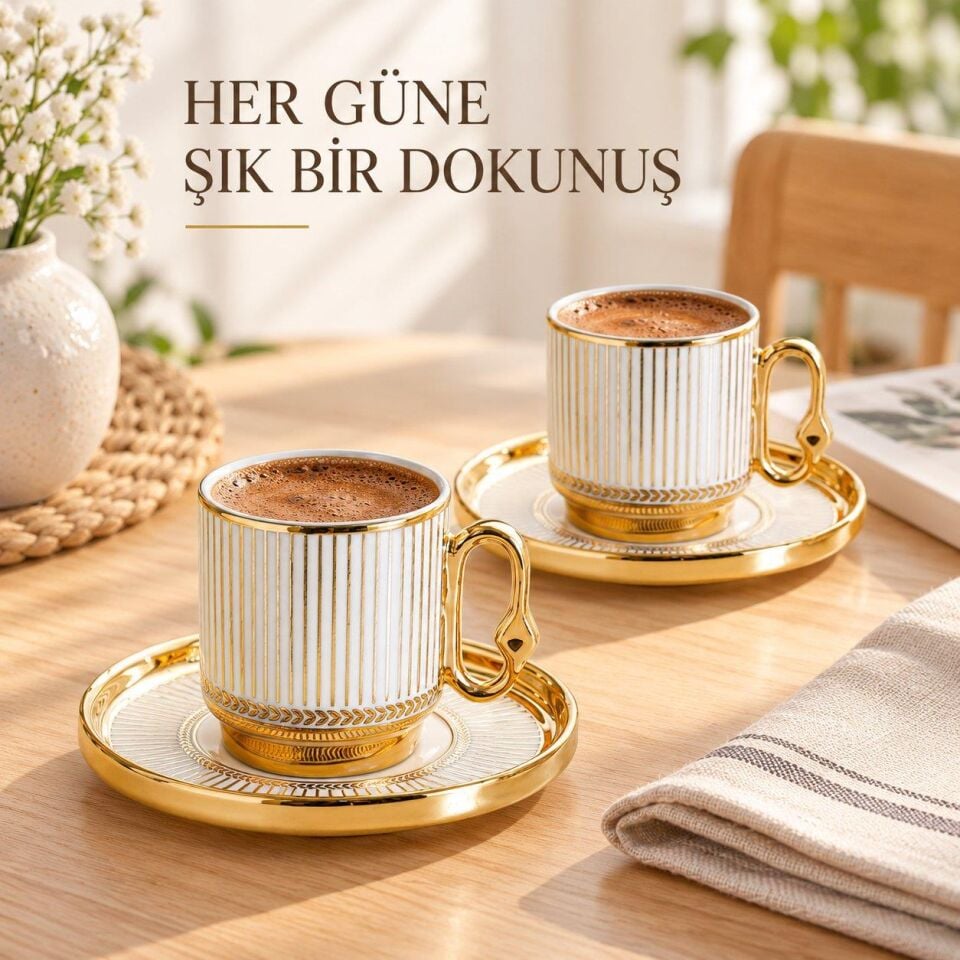 Valkyrie 12 Parça 6 Kişilik Türk Kahvesi Fincan Takımı 80ml Gold Detaylı 6 Fincan 6 Tabak K651-A