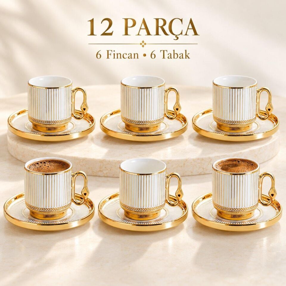 Valkyrie 12 Parça 6 Kişilik Türk Kahvesi Fincan Takımı 80ml Gold Detaylı 6 Fincan 6 Tabak K651-A