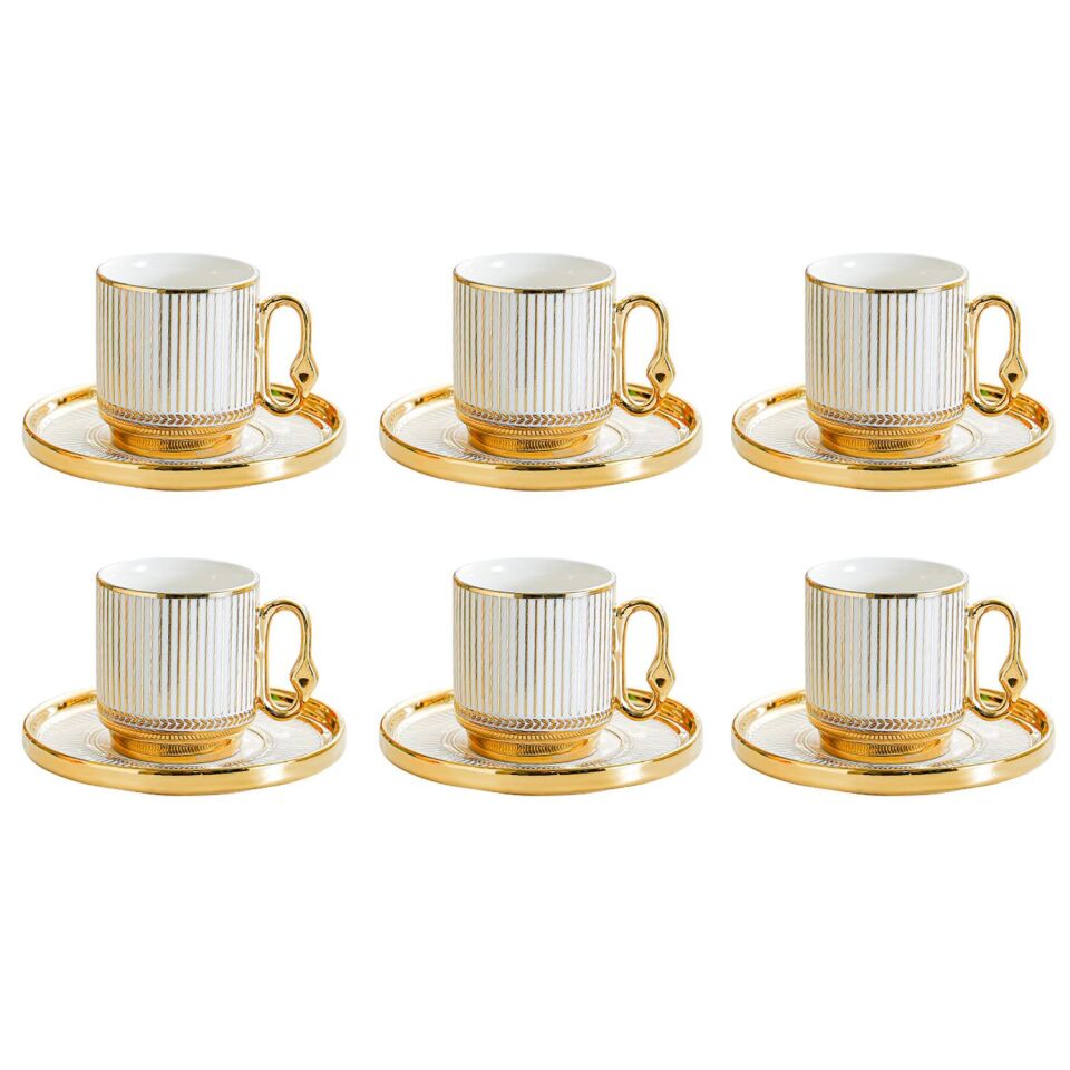 Valkyrie 12 Parça 6 Kişilik Türk Kahvesi Fincan Takımı 80ml Gold Detaylı 6 Fincan 6 Tabak K651-A
